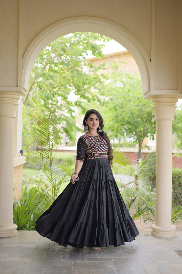 Black Cotton Multi-Thread Embroidered Gown ClothsVilla
