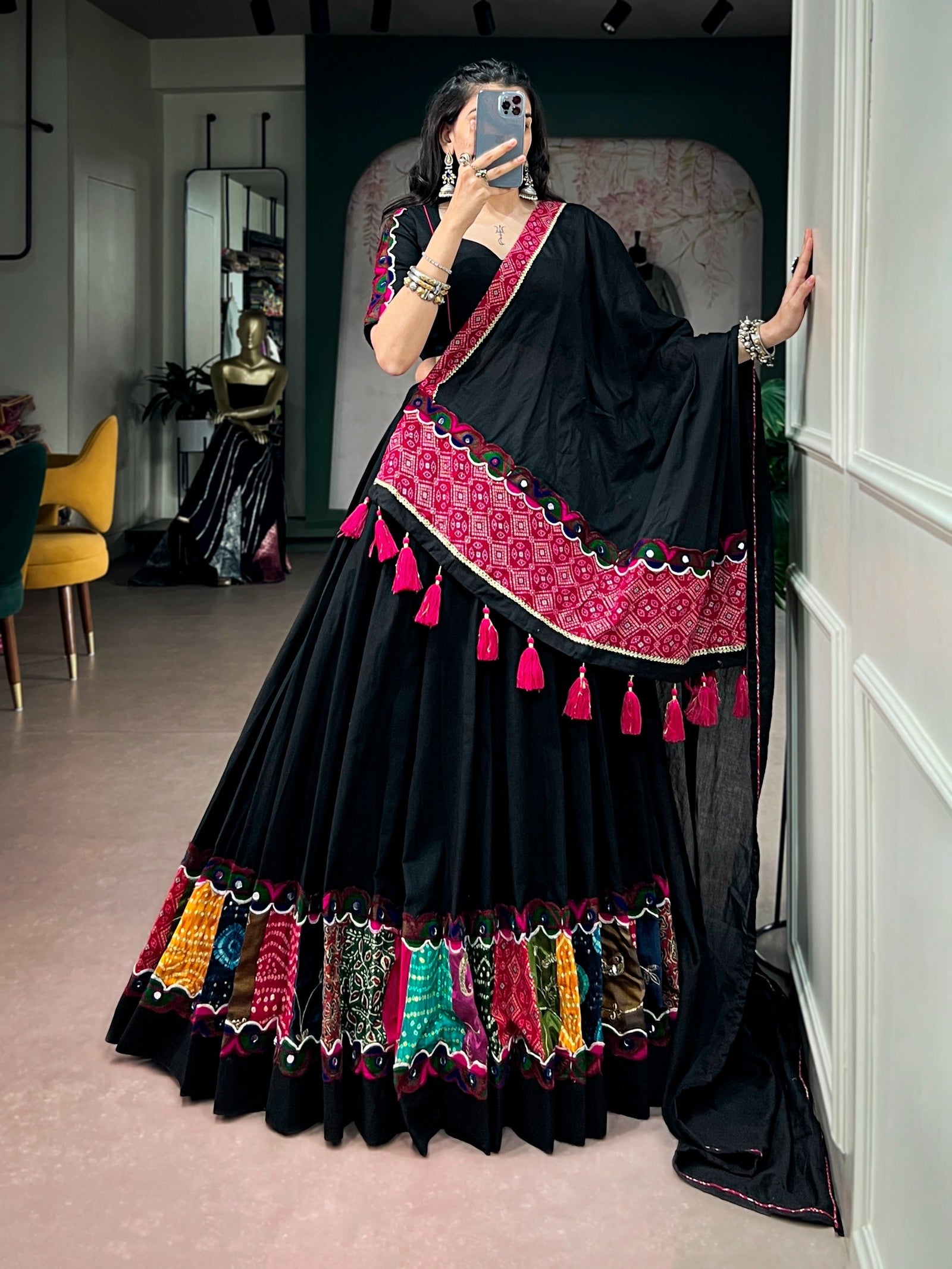 Black Cotton Patchwork Lehenga Choli ClothsVilla