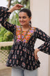 Load image into Gallery viewer, Black Cotton Printed Top with Kutchi Patchwork &amp; Dori Closure – Stitched ClothsVilla