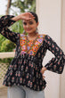 Load image into Gallery viewer, Black Cotton Printed Top with Kutchi Patchwork &amp; Dori Closure – Stitched ClothsVilla
