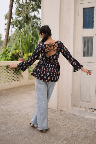 Black Cotton Printed Top with Kutchi Patchwork & Dori Closure – Stitched ClothsVilla