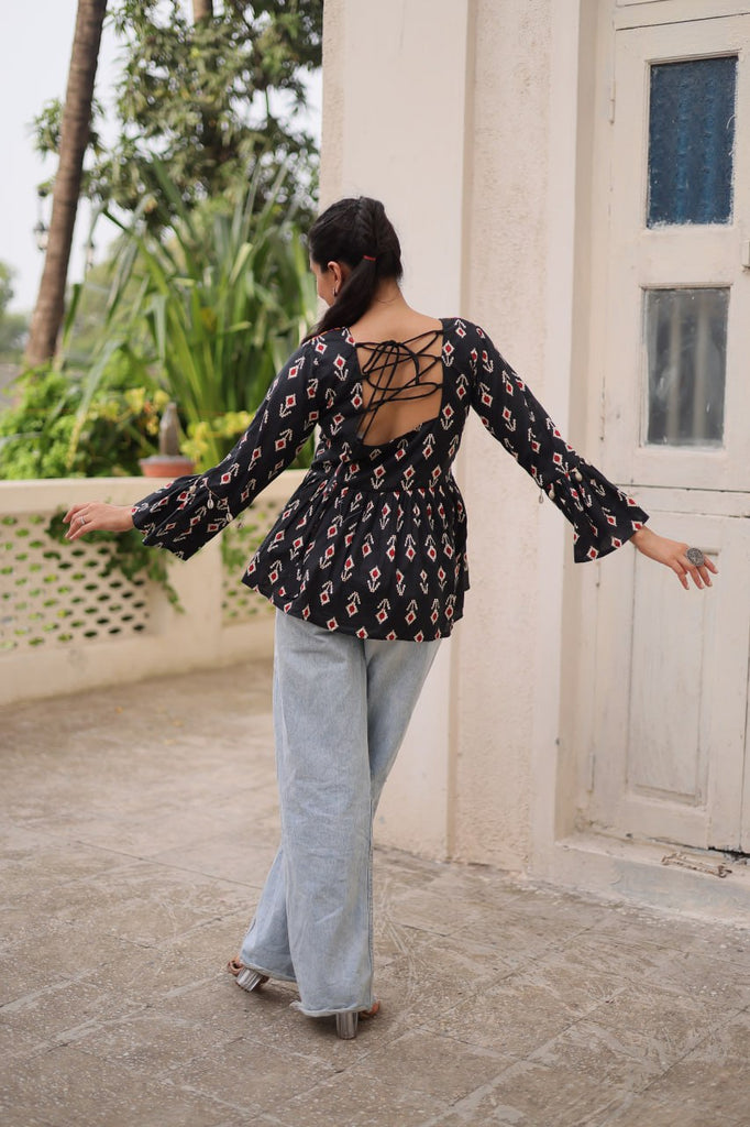 Black Cotton Printed Top with Kutchi Patchwork & Dori Closure – Stitched ClothsVilla