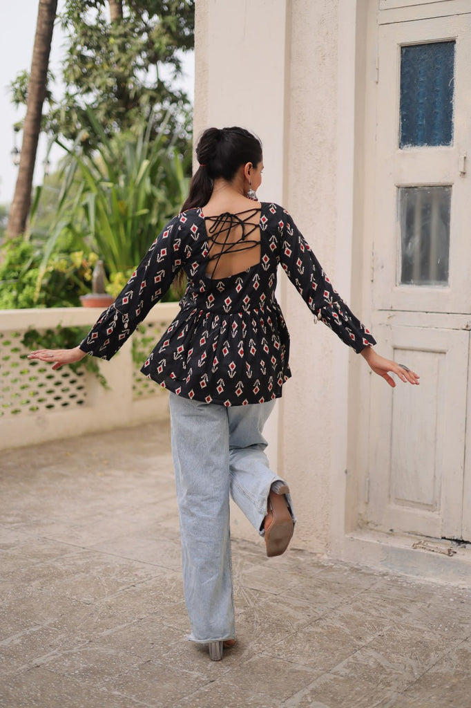 Black Cotton Printed Top with Kutchi Patchwork & Dori Closure – Stitched ClothsVilla