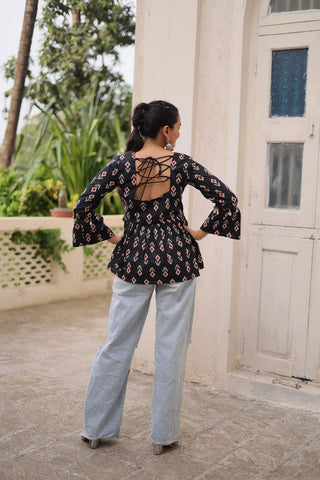 Black Cotton Printed Top with Kutchi Patchwork & Dori Closure – Stitched ClothsVilla