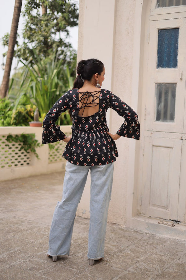 Black Cotton Printed Top with Kutchi Patchwork & Dori Closure – Stitched ClothsVilla