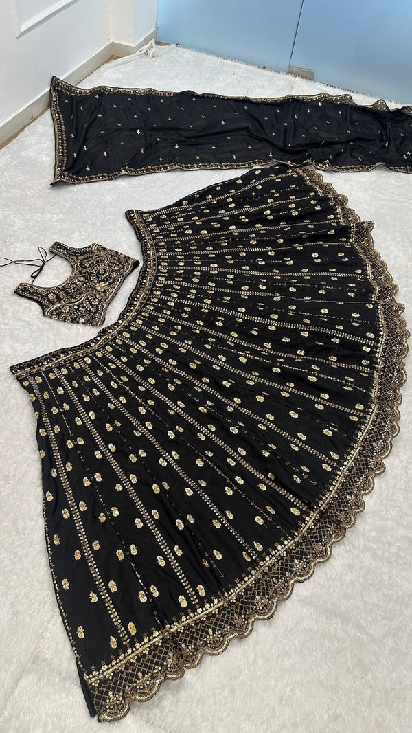 Black Crepe Silk Sequins Lehenga Set ClothsVilla