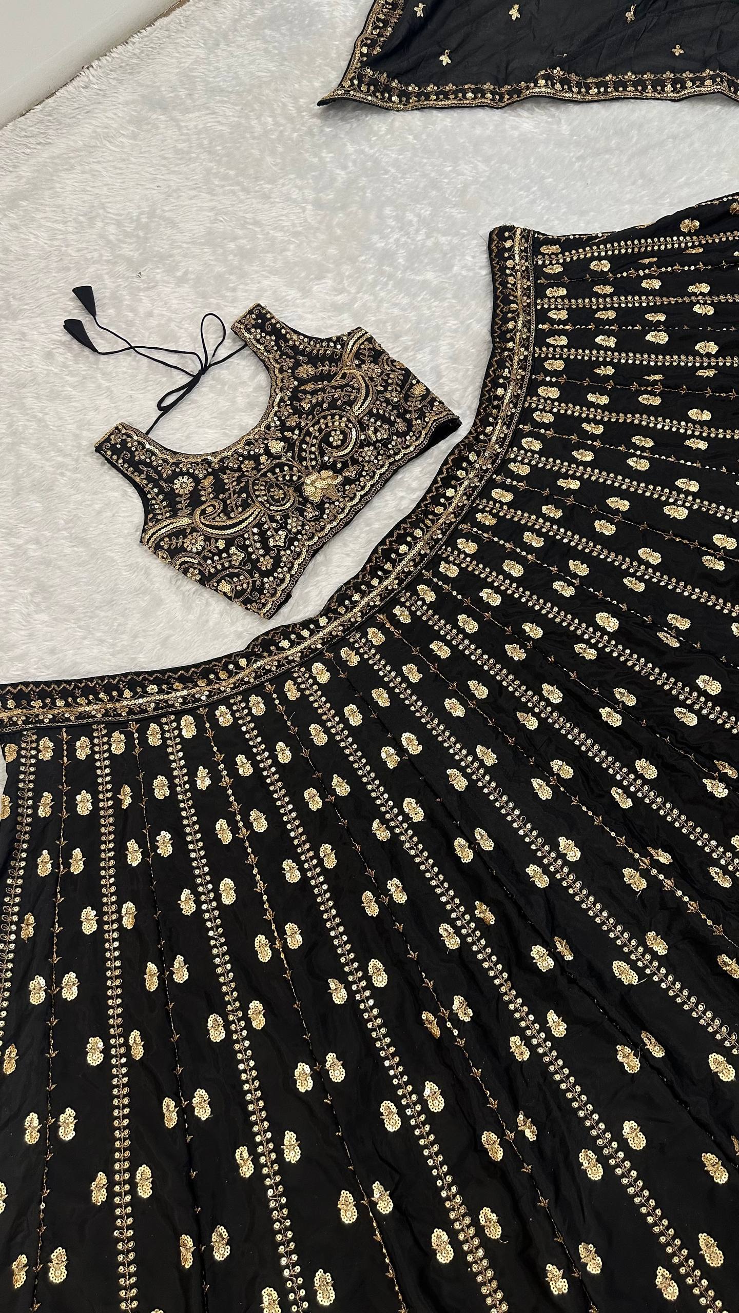Black Crepe Silk Sequins Lehenga Set ClothsVilla