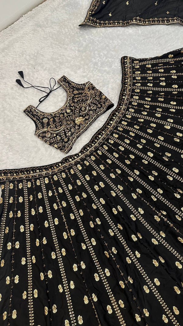 Black Crepe Silk Sequins Lehenga Set ClothsVilla