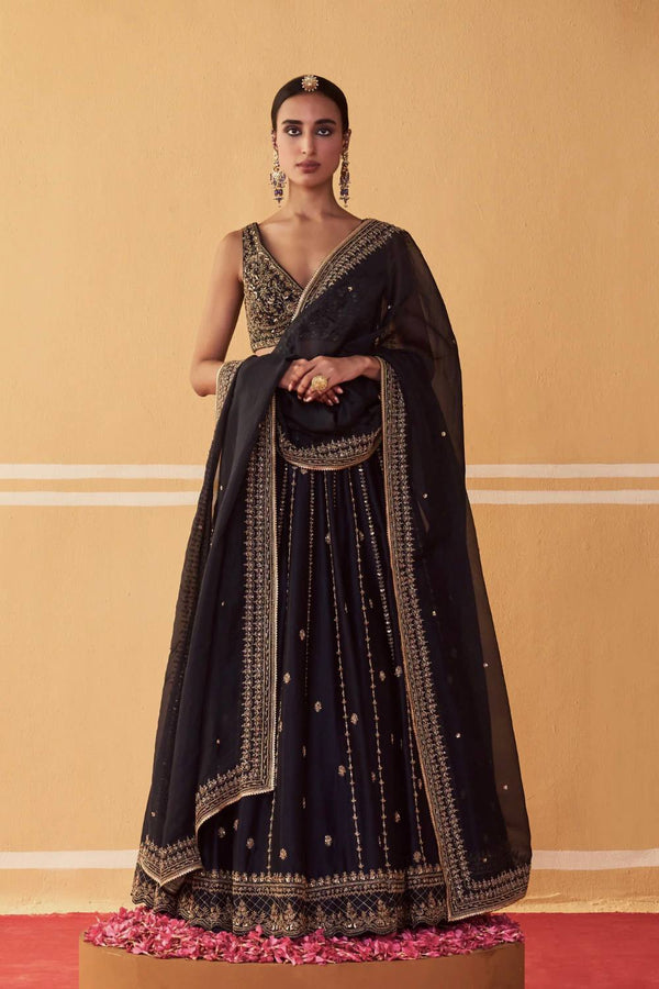 Black Crepe Silk Sequins Lehenga Set ClothsVilla