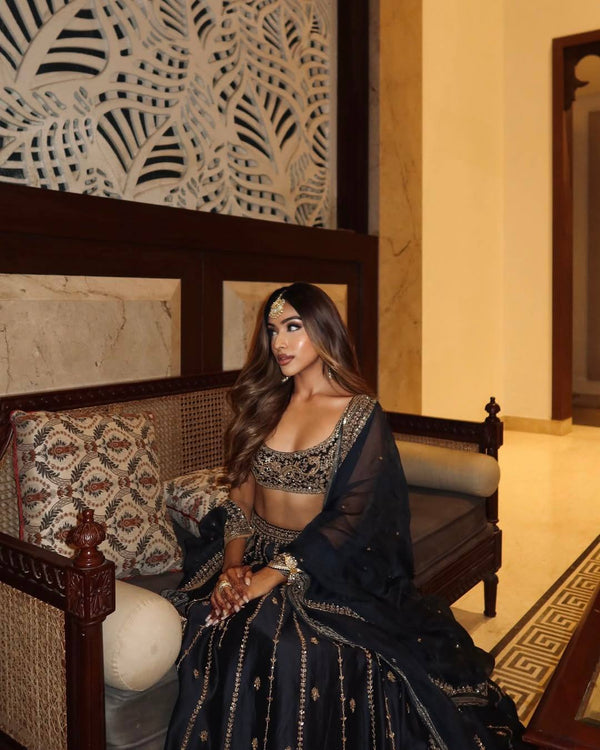 Black Crepe Silk Sequins Lehenga Set ClothsVilla