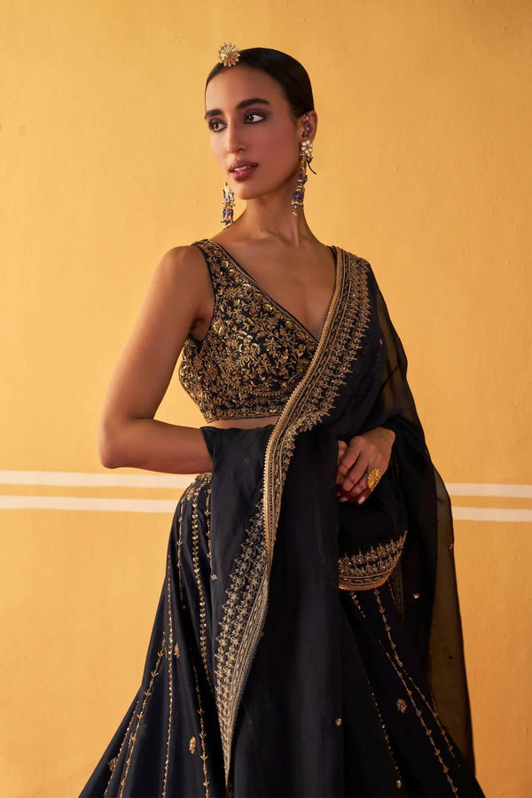 Black Crepe Silk Sequins Lehenga Set ClothsVilla