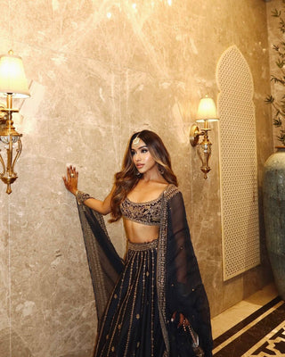 Black Crepe Silk Sequins Lehenga Set ClothsVilla