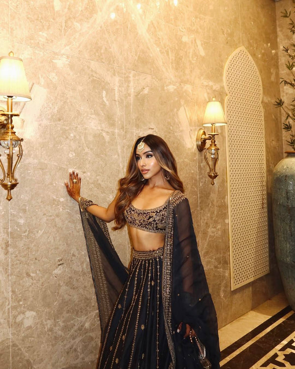 Black Crepe Silk Sequins Lehenga Set ClothsVilla