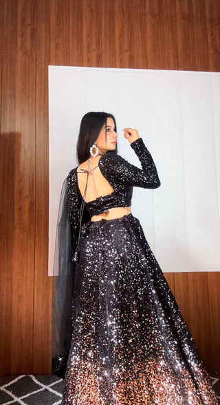 Black Dazzling Velvet Sequin Lehenga – Unstitch Blouse & Net Dupatta ClothsVilla