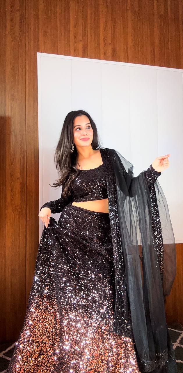 Black Dazzling Velvet Sequin Lehenga – Unstitch Blouse & Net Dupatta Secondary image