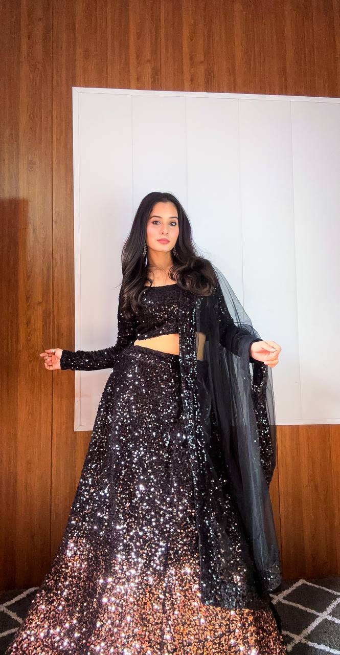Black Dazzling Velvet Sequin Lehenga – Unstitch Blouse & Net Dupatta ClothsVilla