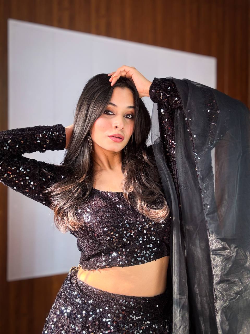 Black Dazzling Velvet Sequin Lehenga – Unstitch Blouse & Net Dupatta ClothsVilla