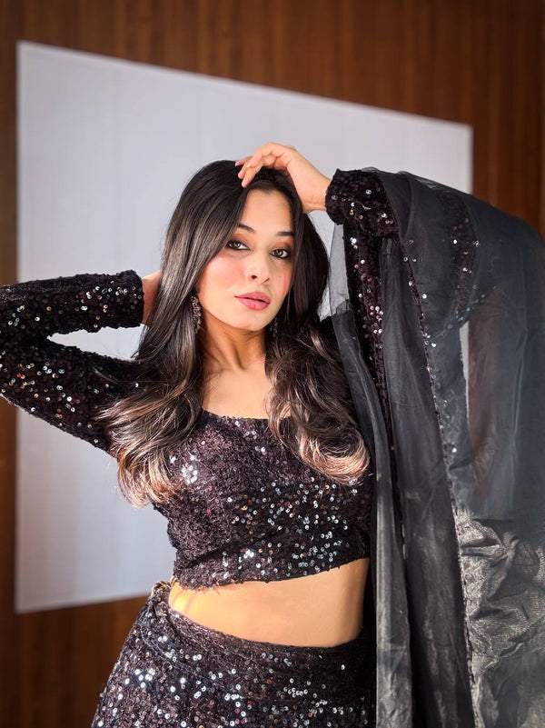 Black Dazzling Velvet Sequin Lehenga – Unstitch Blouse & Net Dupatta ClothsVilla
