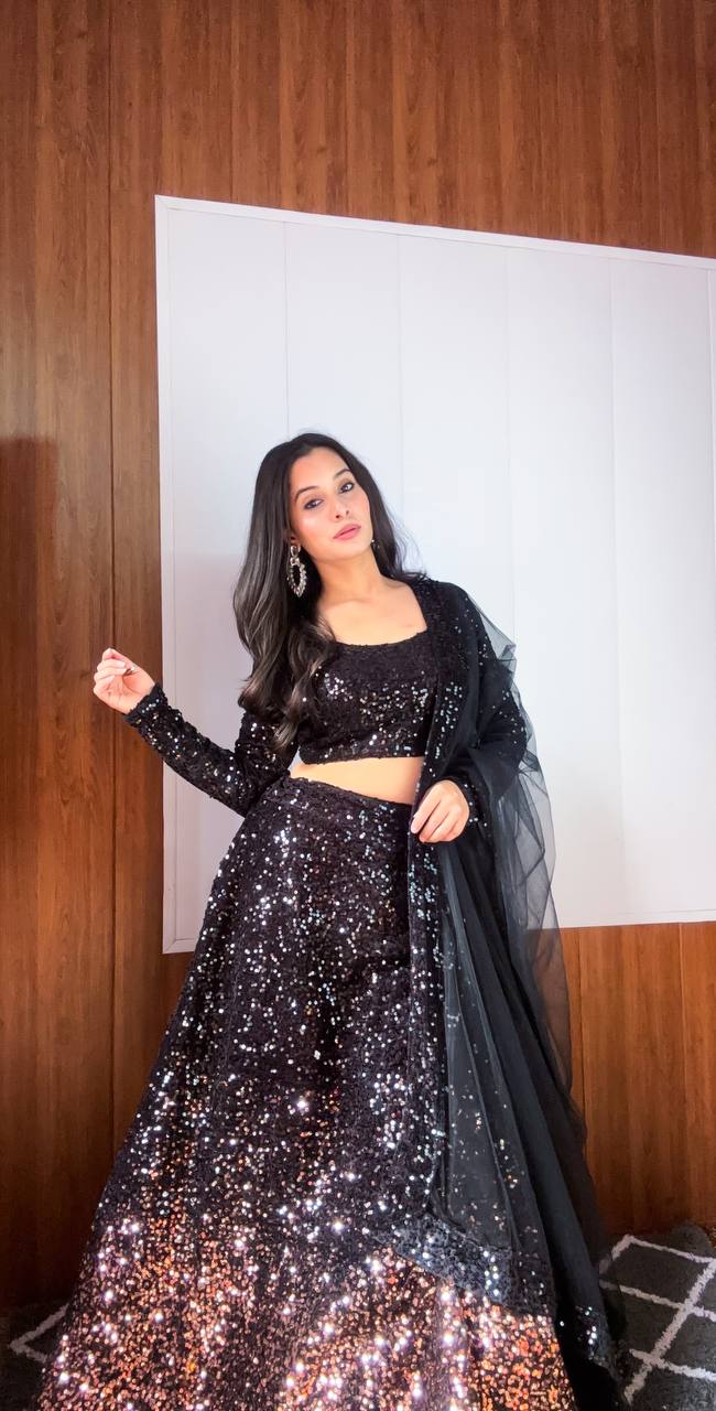 Black Dazzling Velvet Sequin Lehenga – Unstitch Blouse & Net Dupatta ClothsVilla