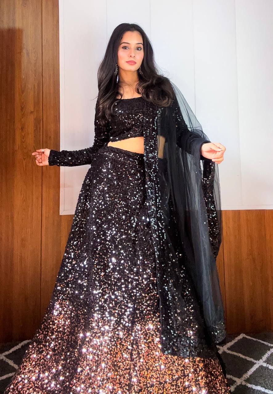 Black Dazzling Velvet Sequin Lehenga – Unstitch Blouse & Net Dupatta ClothsVilla Main image