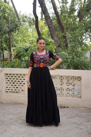 Black Designer 14kg Rayon Gathering Frill Gown with Kutchi Gamthi Embroidery ClothsVilla