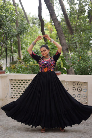 Black Designer 14kg Rayon Gathering Frill Gown with Kutchi Gamthi Embroidery ClothsVilla