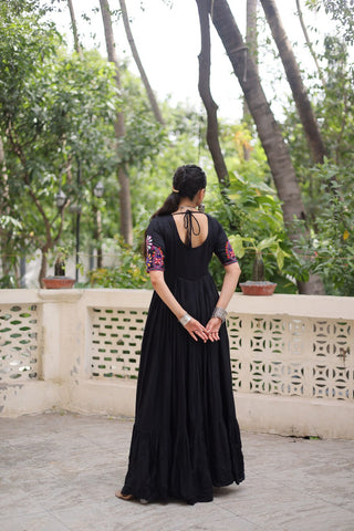 Black Designer 14kg Rayon Gathering Frill Gown with Kutchi Gamthi Embroidery ClothsVilla