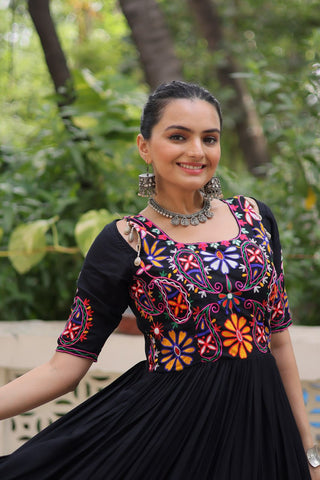Black Designer 14kg Rayon Gathering Frill Gown with Kutchi Gamthi Embroidery ClothsVilla