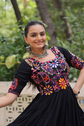 Black Designer 14kg Rayon Gathering Frill Gown with Kutchi Gamthi Embroidery ClothsVilla