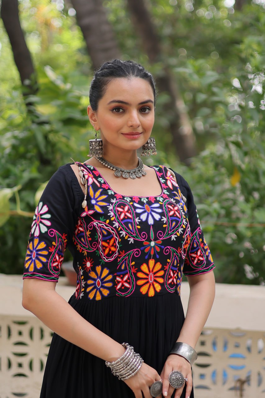 Black Designer 14kg Rayon Gathering Frill Gown with Kutchi Gamthi Embroidery ClothsVilla