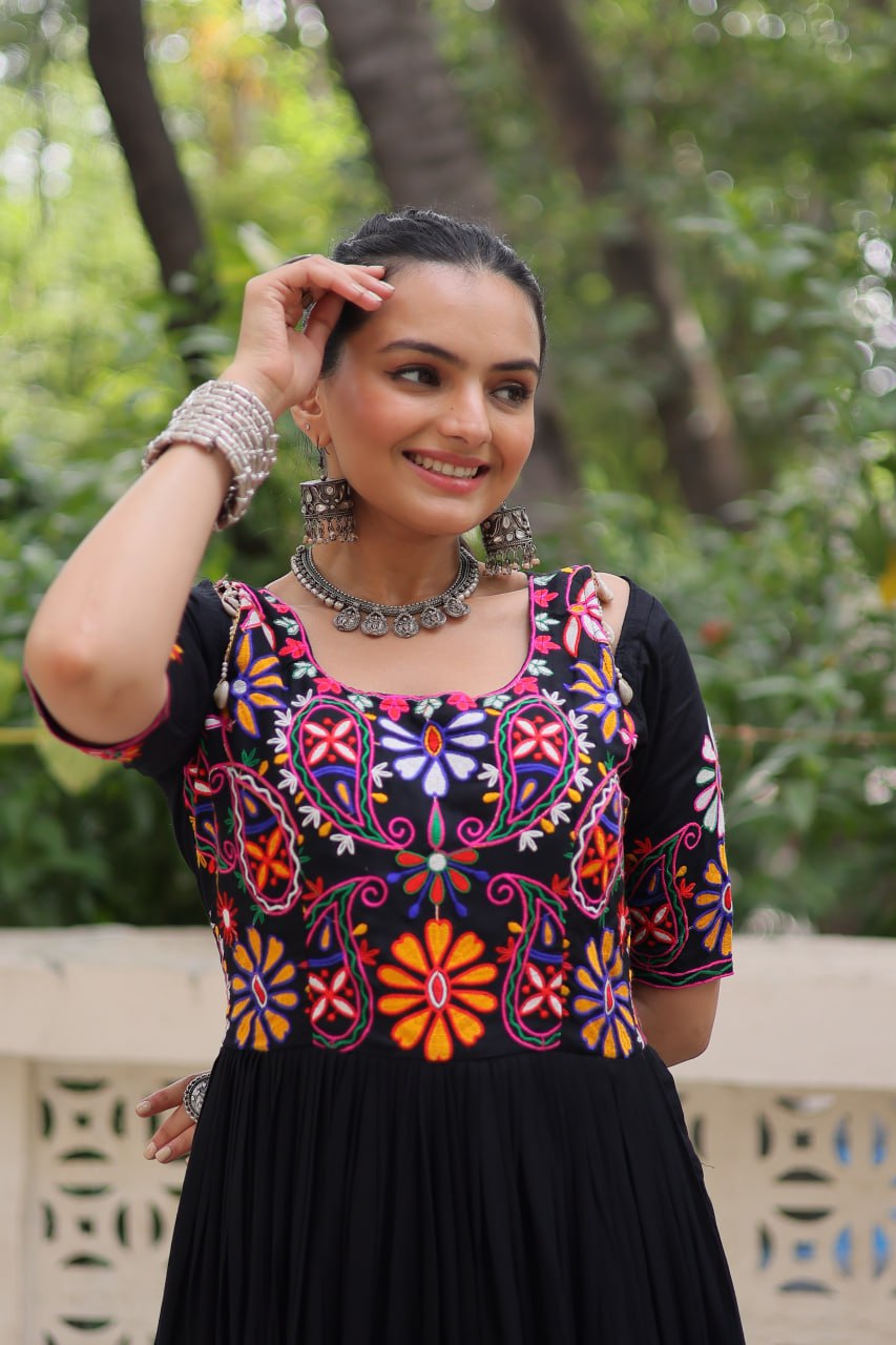 Black Designer 14kg Rayon Gathering Frill Gown with Kutchi Gamthi Embroidery ClothsVilla