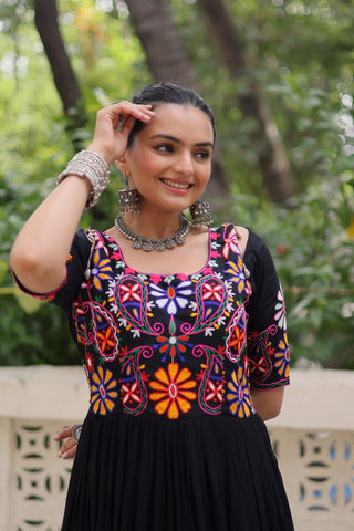 Black Designer 14kg Rayon Gathering Frill Gown with Kutchi Gamthi Embroidery ClothsVilla