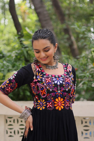 Black Designer 14kg Rayon Gathering Frill Gown with Kutchi Gamthi Embroidery ClothsVilla