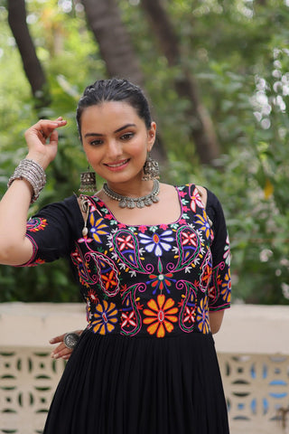Black Designer 14kg Rayon Gathering Frill Gown with Kutchi Gamthi Embroidery ClothsVilla