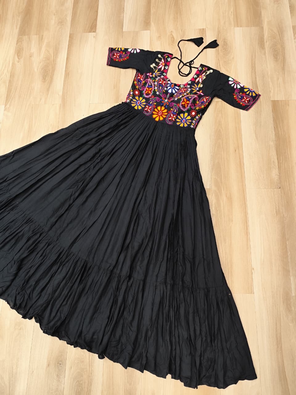 Black Designer 14kg Rayon Gathering Frill Gown with Kutchi Gamthi Embroidery ClothsVilla