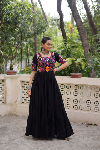 Black Designer 14kg Rayon Gathering Frill Gown with Kutchi Gamthi Embroidery ClothsVilla