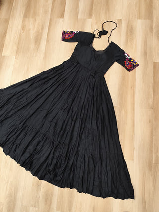 Black Designer 14kg Rayon Gathering Frill Gown with Kutchi Gamthi Embroidery ClothsVilla