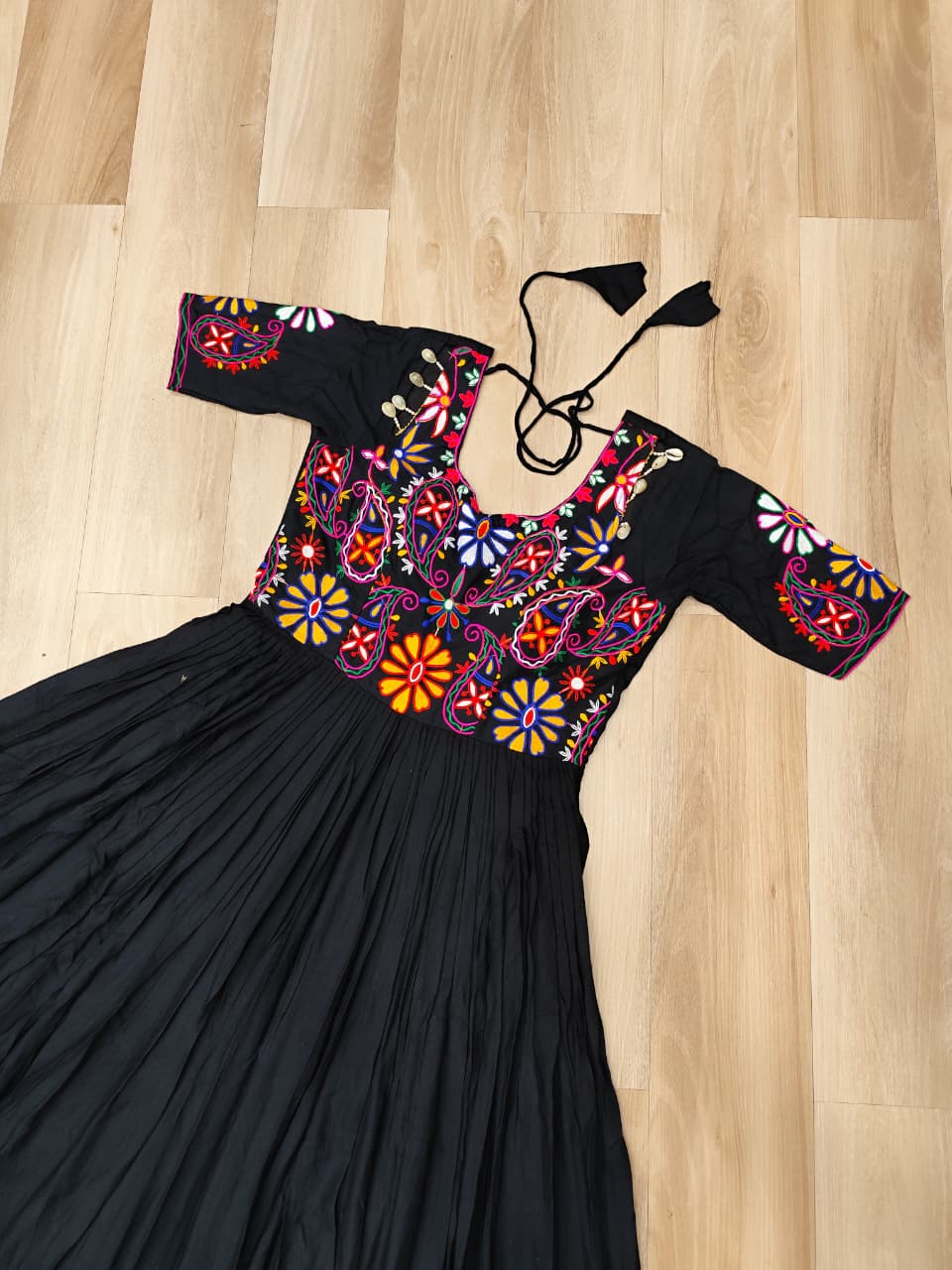 Black Designer 14kg Rayon Gathering Frill Gown with Kutchi Gamthi Embroidery ClothsVilla