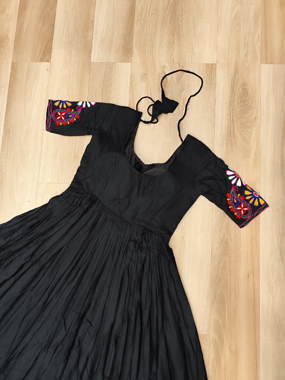Black Designer 14kg Rayon Gathering Frill Gown with Kutchi Gamthi Embroidery ClothsVilla