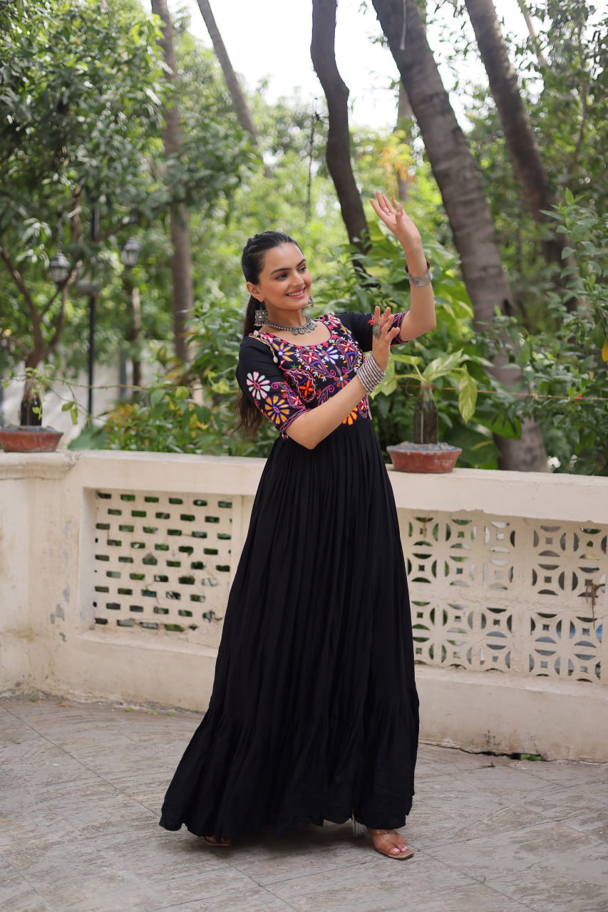 Black Designer 14kg Rayon Gathering Frill Gown with Kutchi Gamthi Embroidery ClothsVilla