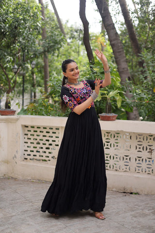 Black Designer 14kg Rayon Gathering Frill Gown with Kutchi Gamthi Embroidery ClothsVilla