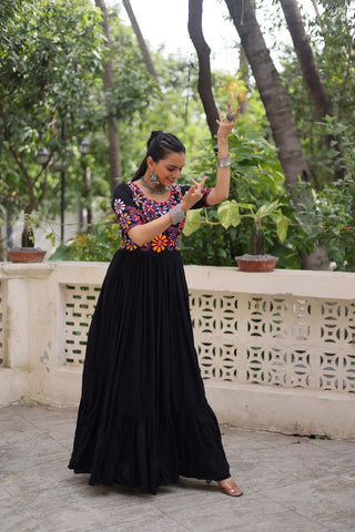 Black Designer 14kg Rayon Gathering Frill Gown with Kutchi Gamthi Embroidery ClothsVilla