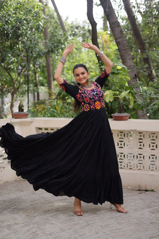 Black Designer 14kg Rayon Gathering Frill Gown with Kutchi Gamthi Embroidery ClothsVilla
