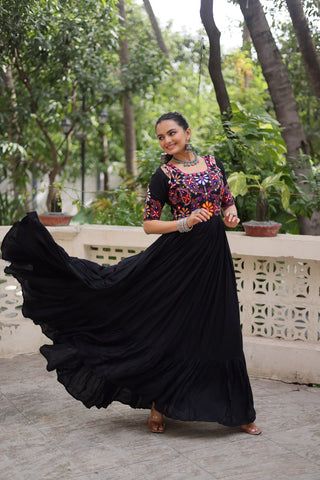 Black Designer 14kg Rayon Gathering Frill Gown with Kutchi Gamthi Embroidery ClothsVilla