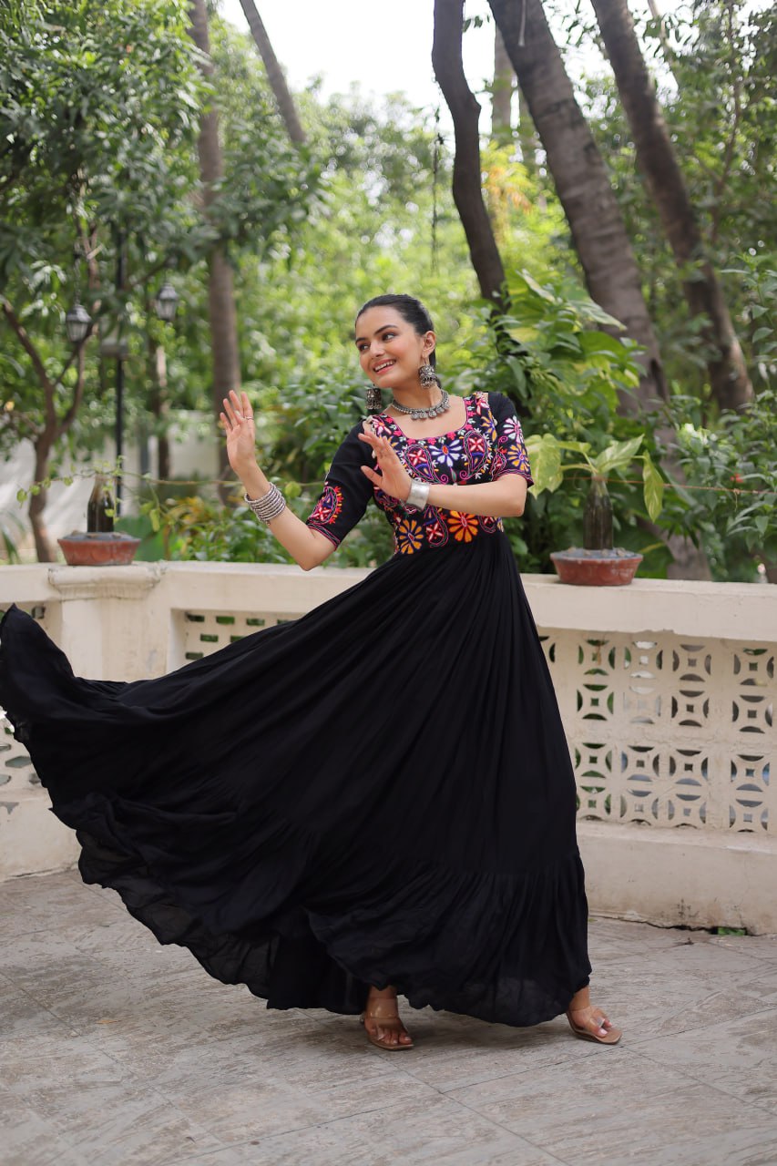 Black Designer 14kg Rayon Gathering Frill Gown with Kutchi Gamthi Embroidery ClothsVilla