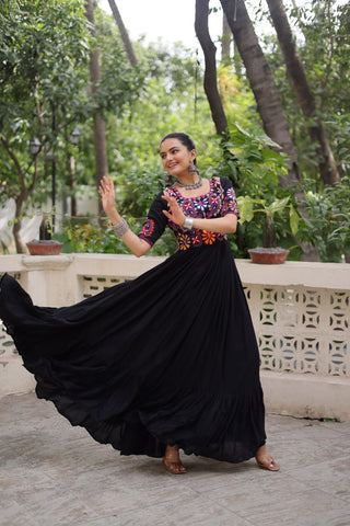 Black Designer 14kg Rayon Gathering Frill Gown with Kutchi Gamthi Embroidery ClothsVilla