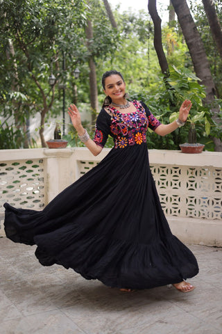 Black Designer 14kg Rayon Gathering Frill Gown with Kutchi Gamthi Embroidery ClothsVilla