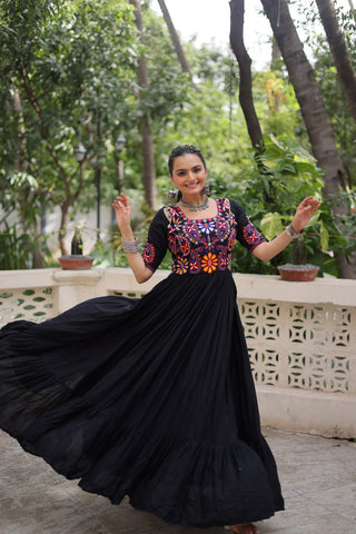 Black Designer 14kg Rayon Gathering Frill Gown with Kutchi Gamthi Embroidery ClothsVilla