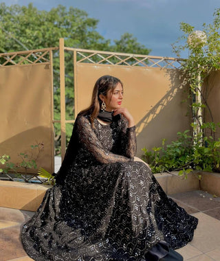 Black Designer Anarkali Sharara Set in Faux Blooming with Heavy Sequins & Thread Embroidery ClothsVilla