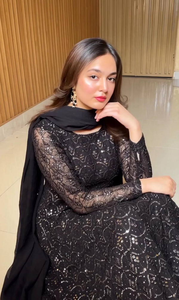 Black Designer Anarkali Sharara Set in Faux Blooming with Heavy Sequins & Thread Embroidery ClothsVilla